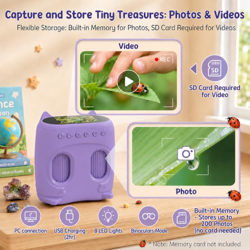 2-in-1 Kids Microscope and Telescope, 1000X Handheld Digital Microscope for Kids, 2.0" Screen, 8 LEDs, 10X Pocket Telescope for Outdoor, 1080P Camera STEM Toys Gift for Boys Girls 4-12, Purple - color: Purple