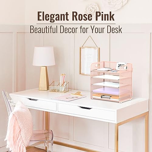 SUPEASY 5 Trays Paper Organizer Letter Tray with Handle-Mesh Desk File Organizer,Pink Paper Sorter Desk Organizer for Office, Home or School, Rosepink - color: Pink