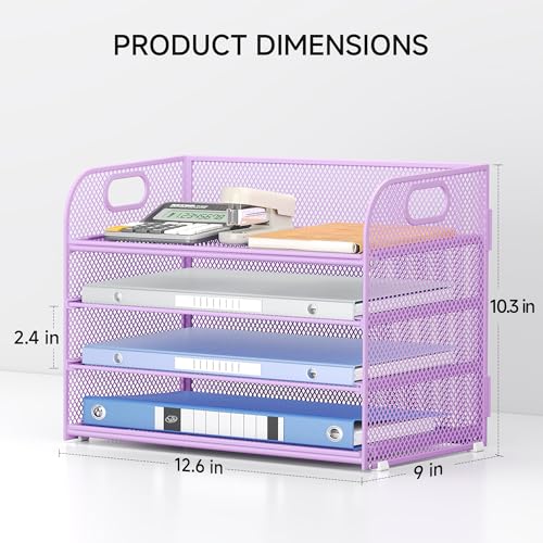 Lavatino 4-Tier Paper Organizer Trays - Purple Mesh File Folder Sorter with Handles, Desk Letter Holder Organizer for Office, Home, School Supplies Storage & Organization - color: 4 Tier - Purple