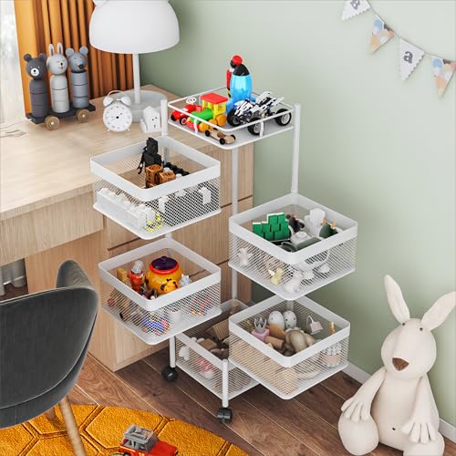 Fruit Basket for Kitchen No Assembly,Rotating Kitchen Storage Rack,Bathroom Shelf, Organizers and Storage Cart on Rolling Wheels,Potato and Onion Storage Organizer(White, 5 Tier-Square) - color: White