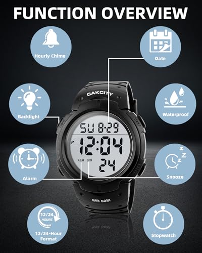 CakCity Digital Watch Mens, Waterproof Sport Wristwatch, Referee Stopwatch - color: Black