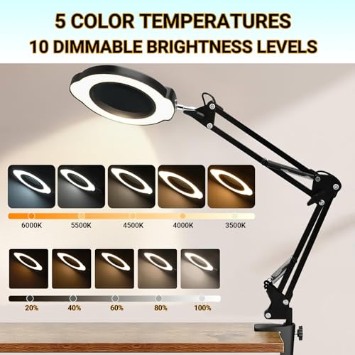 15X Magnifying Glass Desk Lamp with Clamp, Real Glass Lens with Dust Cover, 84 LEDs, 5 Color Modes, 10 Brightness Dimmable, Long Flexible Swing Arm Magnifier for Reading, Crafting, Repair, Close Works