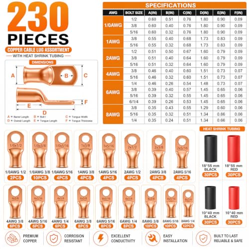 mankk Heavy Duty Crimper Tool Kit, Bare Copper Lugs AWG8-1/0 - color: 232pcs