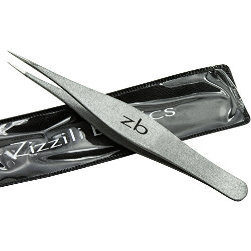 Ingrown Hair Tweezers by Zizzili Basics - Surgical Grade Stainless Steel Fine Pointed Tweezer - Precision Aligned Tips for Splinter, Eyebrow & Facial Hair Removal - with Bonus Tip Guard & Carry Pouch - color: Silver