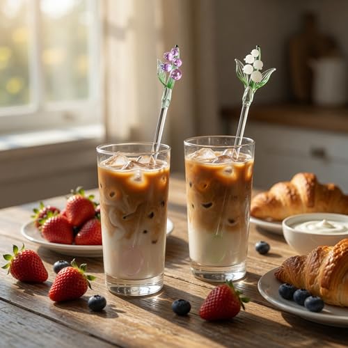 Homestia Glass Stirring Spoon, Swizzle Sticks with White Lily of the Valley - color: 2 PCS + 7.1" + White pink Bells Orchids Flower + Stirring spoon