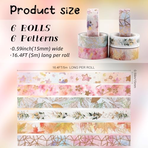6 Rolls Gold Floral Washi Tape Set,15mm Gold Foil Colored Floral Pattern Decorative Tape,Decorative Masking Tapes for DIY Scrapbook Design Journaling Handbook Making Card Wrap Craft Gift(16.4ft) - style: Golden leaves