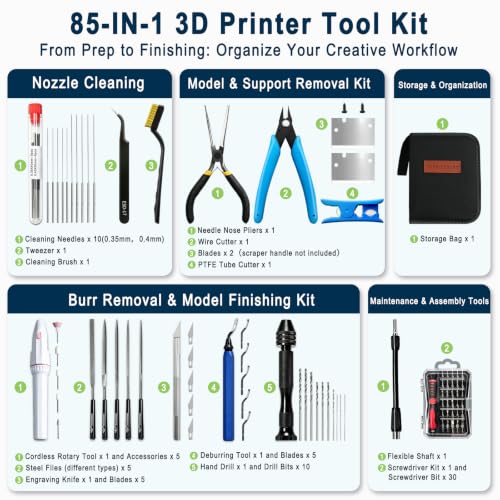 85 PCS 3D Printer Tool Kit with Storage Case, Electric Polishing Pen, PTFE Tube Cutter, Deburring Tool, Hand Drill, Scrapers, Metal Files, Tweezers, for Bambu Lab, Ender 3, Kobra etc - size: Large Tool Kit 85PCS