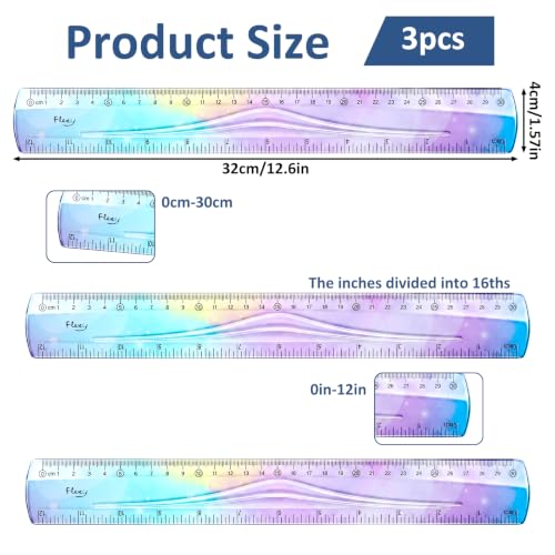 3 Pack Flexible Ruler Set 12", Bendable Soft Plastic Rulers for Kids, Dual-Sided cm/inch Scale Gradient Colored School Classroom Office Supplies