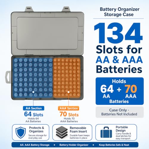 Xuerdon 134-Slot Battery Organizer Storage Case for AA and AAA Batteries - color: Gray