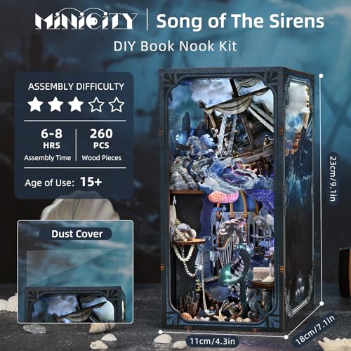 MiniCity Book Nook Kit, DIY Miniature Dollhouse Book Nook Kit with Dust Cover and LED Light for Teens and Adults (The Song of Sirens) - color: The Song of Sirens