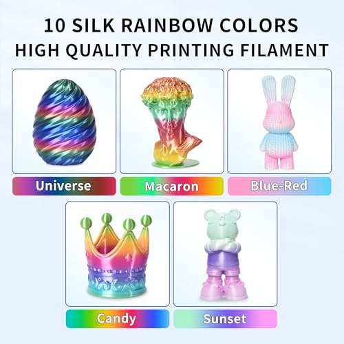 RAMBERY Silk Rainbow PLA 3D Printer Filament Bundle, 10 Colors Total 10kg, 1.75mm Multicolor Gradient 3D Printing Filament for Most FDM 3D Printers, 1KG Spool (2.2lbs) x 10 PCS - color: Silk Rainbow 10 Colors, size: 10KG