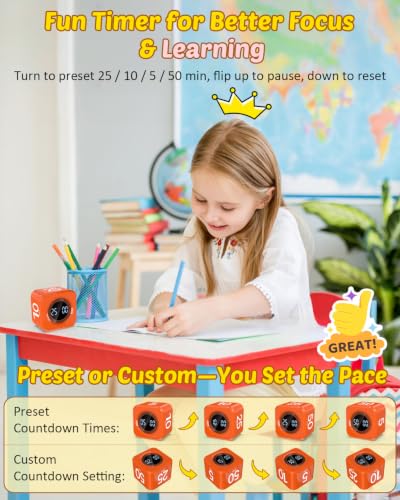 Digital Pomodoro Timer Cube 5/10/25/50min Preset, Silent & Sound Alarm - color: Orange