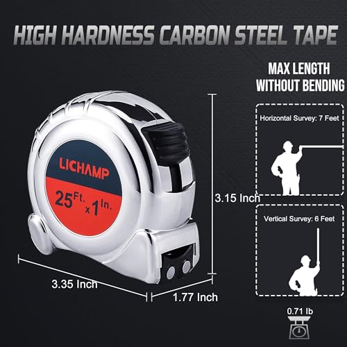 Lichamp 6 Pack 25ft Magnetic Tape Measure Retractable 1 inch with Fractions