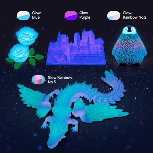 PLA Filament Glow in Dark, Multicolor Rainbow 3D Printer Filament Bundle, 1.75MM Glow 3D Printing Filament for Most FDM 3D Printer, Gifts for 3D Printing Enthusiasts, 200g x 4 Spools - color: Glow Sky Blue/Glow Purple/Glow Rainbow No.2/Glow Rainbow No.5 2