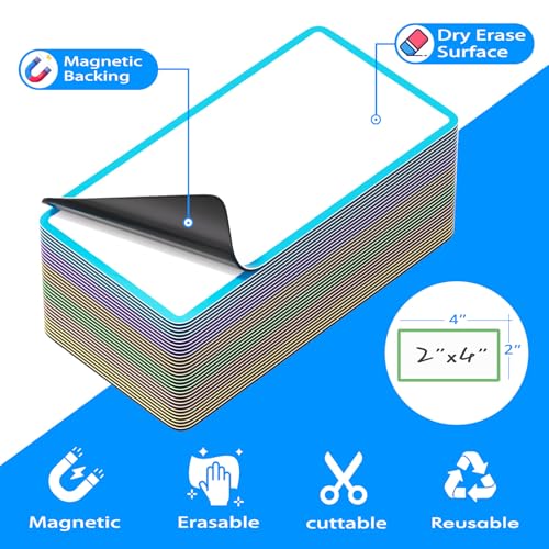 Dry Erase Magnetic Labels - 30PCS 2"x4" Reusable Blank Name Tag Magnets with Marker for Classroom - Colored Write On Strips Stickers for Whiteboard Locker Fridge Shelf Cabinet Accessories - color: Colored Border, size: 2"x4"
