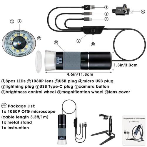 Full HD 1080P USB Digital Microscope Camera for iPhone iPad Android PC, 50-1000X High Definition Portable Handheld Microscope with Light for Coin Plants Trichome Soldering Skin Scalp - color: Black
