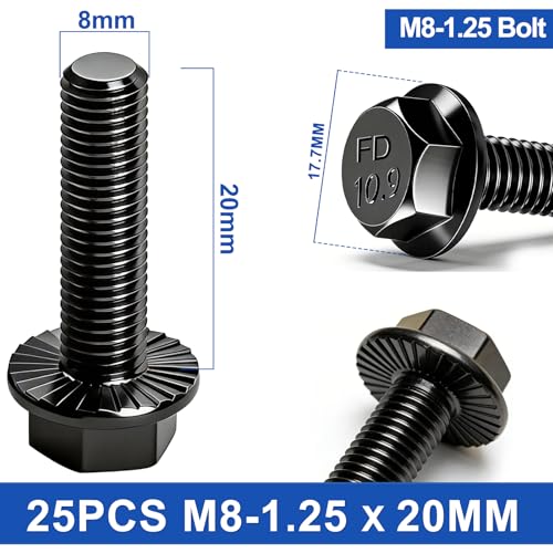 Taiss 25PCS M8-1.25 x 20mm Metric Flange Hex Head Bolts,Hex Drive Screws 10.9 Black Zinc Plated Alloy Steel,m8x1.25 Bolt,Full Thread Hex Bolts - color: BK M8x20mm