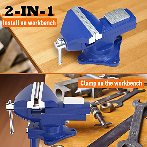 2-in-1 Bench Vise For Workbench 3.2"- Multi-functional Portable 360° Swivel Base Bench Clamp On Vice/Table Vise For Woodworking, Cutting Conduit, Drilling, Metalworking, Blue - style: 3'' Blue 2in1