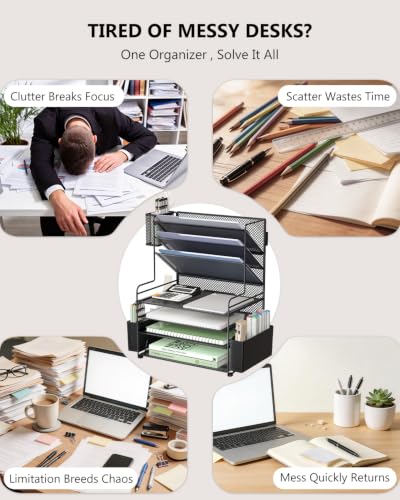 WALI Desk File Organizer, 7 Tier Desktop Paper Letter Tray Organizer with Drawer and 3 Pen Holders, Office Desk Accessories & Workspace Organizers for Office, Home, School Supplies, 1 Pack, Black - color: Black, size: 7-Tier