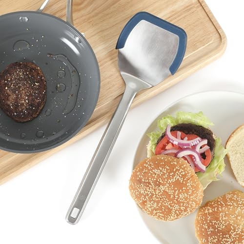 Calphalon Prime Solid Turner, Cooking Spatula, Kitchen Spatula, Stainless Steel Turner with Heat Resistant Silicone Rim for Nonstick Cookware, Durable and Comfortable Kitchen Utensil (Navy) - color: Navy Blue II, size: Turner