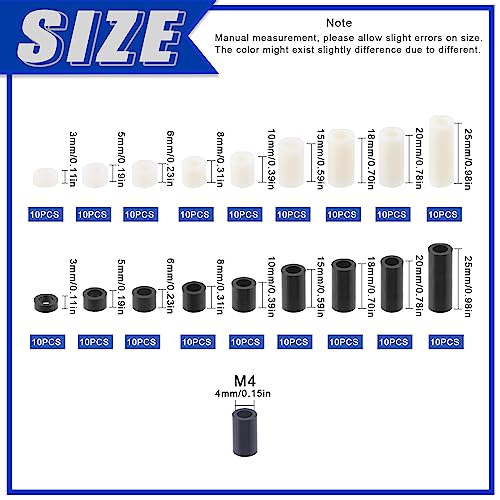 Glarks 180Pcs Nylon Round Spacer Assortment Kit for M4 Screws, Electrical Outlet Screws Spacers, Black and White ABS Round Washers Hardware Spacer Bracket for Electrical Screws Switch and Receptacle - size: M4 (Black and White)
