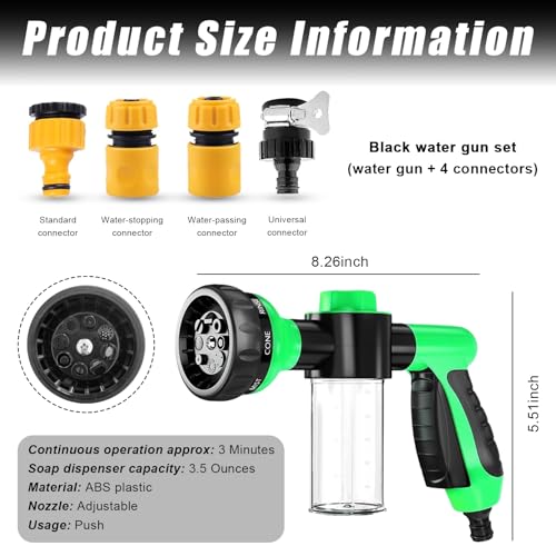Wevdn Car Wash Nozzle, High Pressure 8 Adjustable Patterns Sprayer with Soap Dispenser, Universal Garden Hose Foam Nozzle for Car Washing and House Cleaning, Car Accessories (Green, 4 Connectors) - color: Green, 4 Connectors