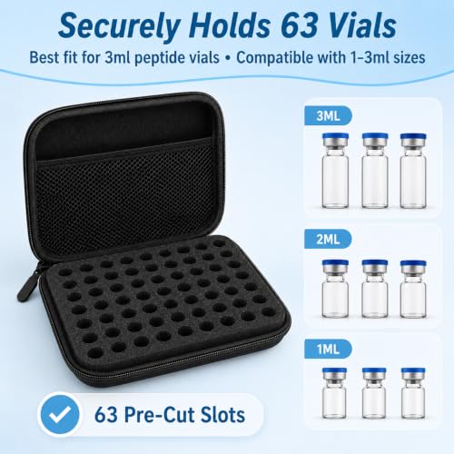 3ml Vial Case, Large Peptide Storage Organizer with 63 Slots, Insulated Travel Cooler Box for Fridge, Mesh Pocket, Zipper Closure