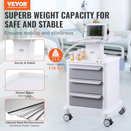 VEVOR Medical Cart with 3 Drawers and Top Tray, 4-Tier Rolling Utility Cart - color: White + Gray
