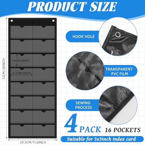 AmazingSpark 4 Pack 3'' x 5'' Index Card Holder Sleeve 16 Slot Plastic Organizer Hanging Wall Mount Business Note Cardholder PVC Clear Organizer Pocket for Classroom Office Library Home (Black) - color: Black