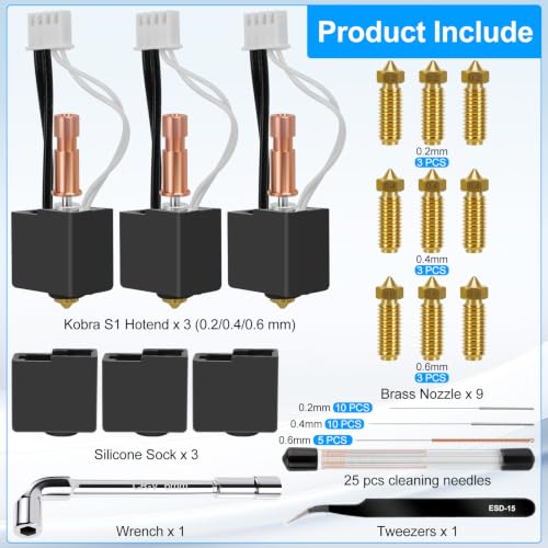 42 PCS Kobra S1 Hotend Kit, Hotend Assembled Extruder Printhead Kit with 9 Brass Nozzle 0.2/0.4/0.6mm, 25 Cleaning Needles, 3 Silicone Cover, Wrench and Tweezers, for Anycubic Kobra S1/Kobra S1 Combo - color: 42 PCS