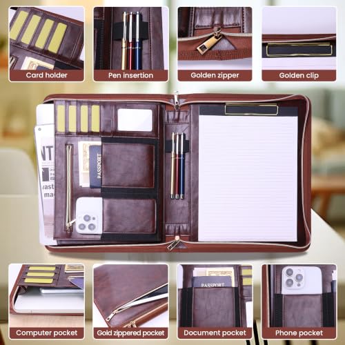 Portfolio Organizer Binder with Zipper, Padfolio for Office - color: Brown