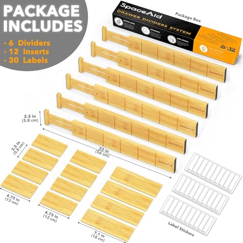 SpaceAid Bamboo Drawer Dividers with Inserts and Labels, Kitchen Adjustable Drawer Organizers, Expandable Organization for Home, Office, Dressers and Bathroom, 6 Dividers with 12 Inserts (17-22 in) - size: 17-22 inch