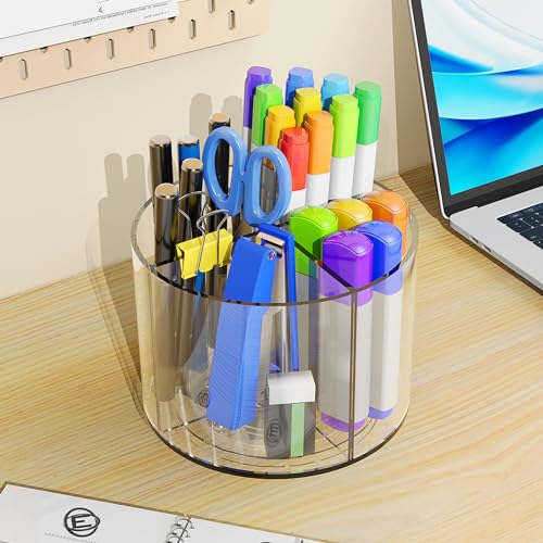 Mefirt Acrylic Pen Holder, 360 Degree Marker Organizer for Kid, Rotating Desk Pen Organizer, Acrylic Crayon Organizer with 4 Compartments, Art Supply Storage Organizer for Office School Home, Clear - style: Clear-Medium