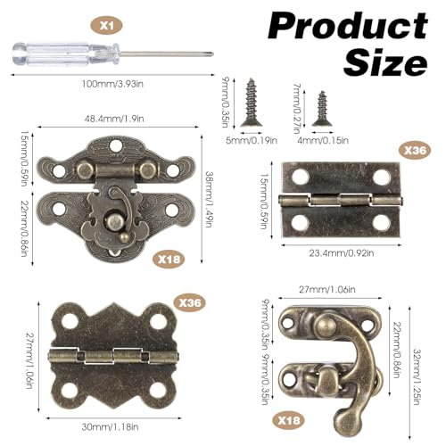 108 Sets Retro Jewelry Box Hinges and Latches Hardware, Antique Brass Finish Iron Hinges with Screws Screwdriver for Wooden Jewelry Box, Decorative Cabinet, Vintage Trunk Repair(Catch*36 + Hinges*72)