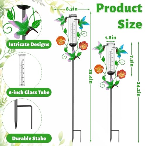 35.4" Metal Hummingbird Rain Gauge Outdoor with 6" Glass Tube - color: Multicolored-Hummingbird