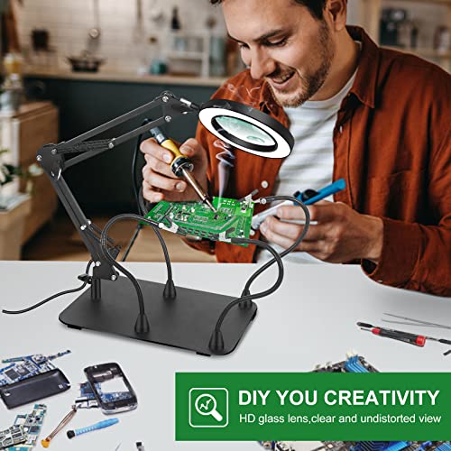 Magnifying Glass with Light and Stand, EOOKU Flexible Magnetic Helping Hand, 5X&10X 12V 108pcs LED Beads Magnifying Lamp, 3 Modes Adjustable Swivel Gooseneck Arms & Heavy Duty Base Plate