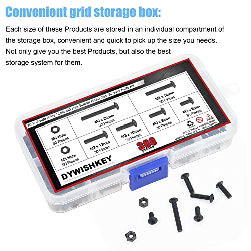DYWISHKEY 360 Pieces M3 x 6mm/8mm/10mm/12mm/16mm/20mm, 10.9 Grade Alloy Steel Hex Button Head Cap Bolts Screws Nuts Kit with Hex Wrench
