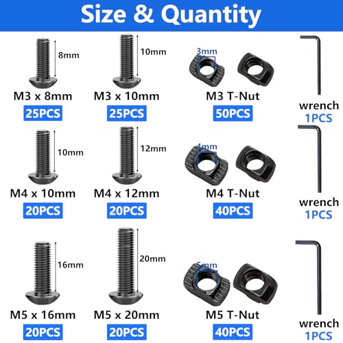 260PCS M3 M4 M5 T Slot Nut Screws Kit, T Nuts and Bolts Assortment Kit for 2020 Series Aluminum Profile, Mlok Screws Nuts Replacement - color: Black-M3 M4 M5