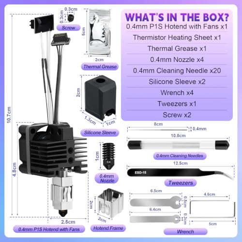 Hotend Kit for Bambu Lab P1P/P1S, 3D Printer Full Assembly Hot End with Fan, P1S Hardened Steel 0.4mm Nozzle High Speed & Temperature Extruder Heating Block Hot End for Bambu Lab P1 Series 3D Printers - size: P1S Hotend Kit-4