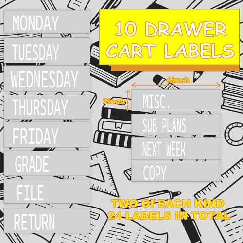 24 Pieces 10 Drawer Rolling Storage Cart Labels 10-Drawers Teacher Supply Labels Storage Cart Classroom Decor for Teacher Office School Organization (White) - color: White