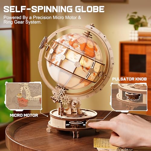ROKR Illuminated Rotating Wooden Globe Puzzle-185 Piece 3D Night Light Kit, Educational Geography Model for Adults & Teens 14+, No Glue Needed