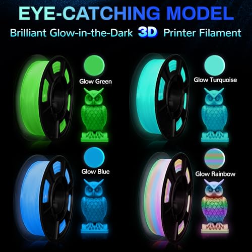 Glow in The Dark PLA+3D Printer Filament, PLA+Filament 1.75 mm, Stronger Lighting Effect, Glow Filament Multicolor for Most 3D Printers, 4 Spools 250g Each - Green, Blue, Blue-Green, Rainbow - color: Green/Blue/Blue Green/Rainbow
