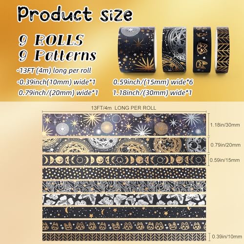 9 Rolls Mystic Gold Washi Tape Set,Gold Foil Vintage Black Pattern Decorative Tape,Butterfly Star Moon Decorative Masking Tapes for DIY Scrapbook Design Journaling Handbook Making Card Wrap Craft Gift - style: Vintage Black