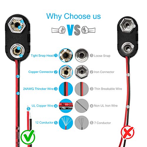 CHANZON 9v Battery Clip Connector Holder I-Type Hard Plastic Shell and Bare Lead UL Wire Pack of 10pcs kit for Arduino,LED Strip - color: 2)I-type Pigtail Plastic 10pcs