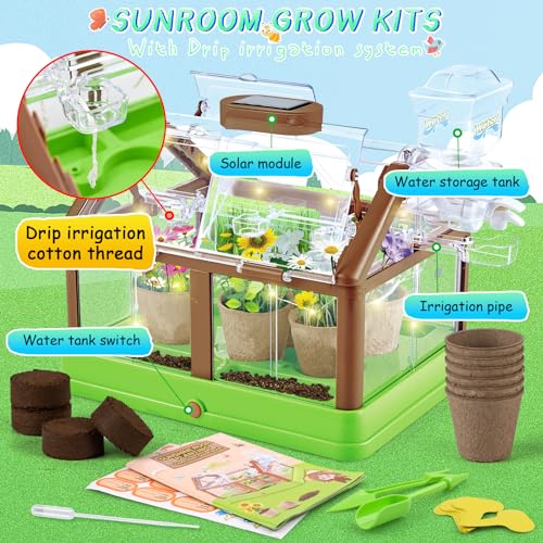 Kids Plant Growing Kit - Kids Greenhouse & Flower Growing Kit with Upgraded Irrigation & Grow Light – Perfect Gardening for Kids(Solar Green)