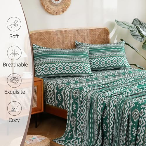 CozySmile 4 Pieces King Sheet Set Bohemian, Boho Sheets Soft Microfiber Deep Pocket, Western Sheets Geometric(King, Emerald Green) - color: B-emerald Green, size: King