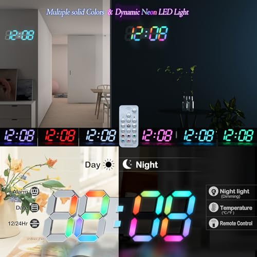 KOSUMOSU LED Wall Clock 15" RGB Digital LED Clock for Living Room Decor, Large Display Gaming Room Clocks, Dimming/12/24 Hr Time/Date/Temp/Remote (White Clock with Neon Light) - color: 15in White Wall Clock-neon Light
