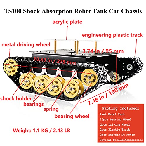 Professional Shock Absorption Smart Robot Car Chassis Tank Chassis with DC Encoder Motor for Arduino, Tracked Suspension Absorbing Vehicle, Remote Control Track Crawler Damping Vibration Caterpillar - color: Gold Wheel