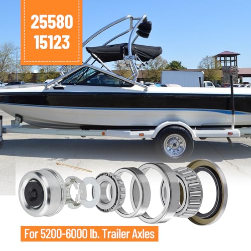 4 Sets 25580 15123 Boat Trailer Axles Bearing Kits, Grease Seals, Spindle Nuts, 2.72" Dust Caps and Rubber Plugs, Cotter Pins, Washers for 5200-6000 lb.Tandem Axles #D42 Spindle - size: 25580 15123-Set of 4