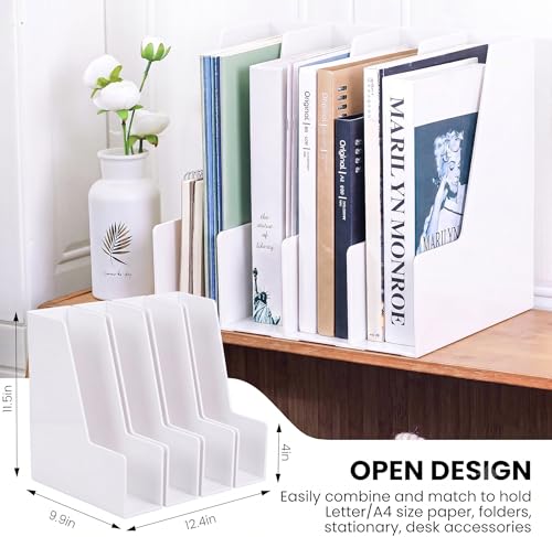 LALOBLUE White Vertical File Organizer, 4 Section Magazine Holder for Desk, Desktop File Folder Rack for Books, Magazines, Documents and Notebooks, Office Home School - color: White, size: Large